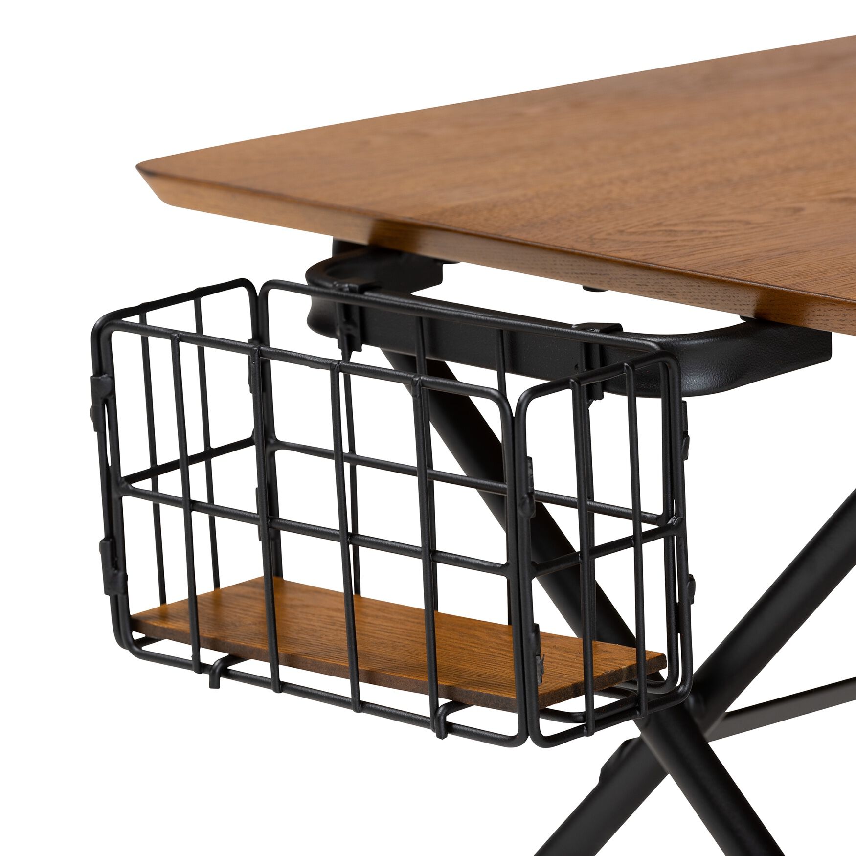 Detail of black wire basket attached under coffee table top