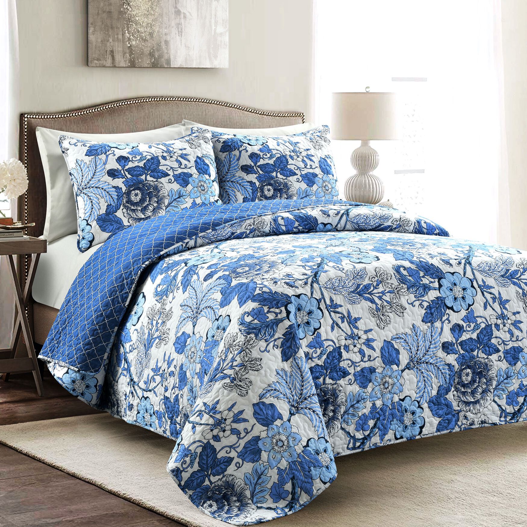 Lush D&eacute;cor Sydney Quilt Black/Blue 3Pc Set, NAVY WHITE, hi-res image number 0