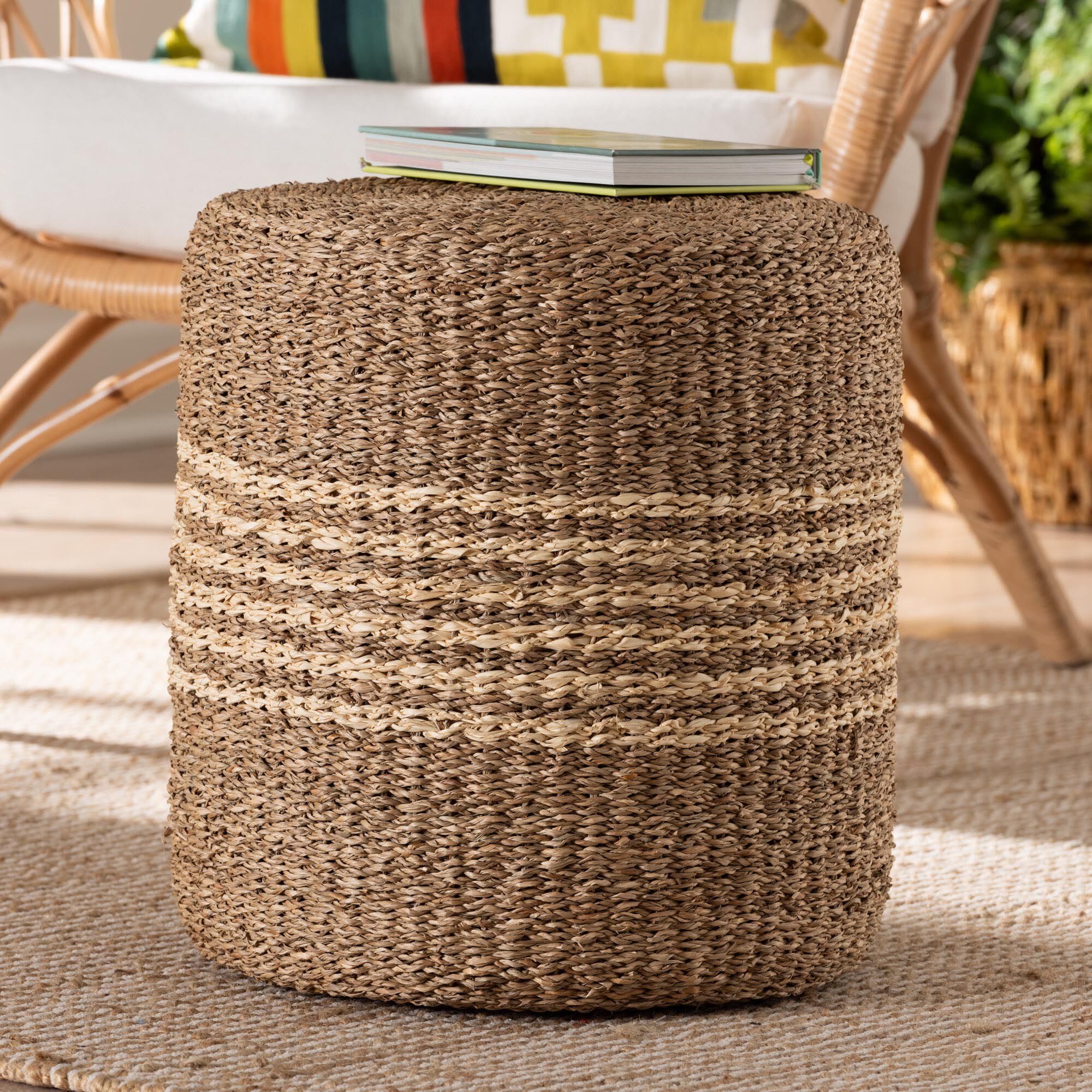Wickham Modern Bohemian Natural Brown Seagrass Ottoman Footstool, NATURAL BROWN, hi-res image number 0