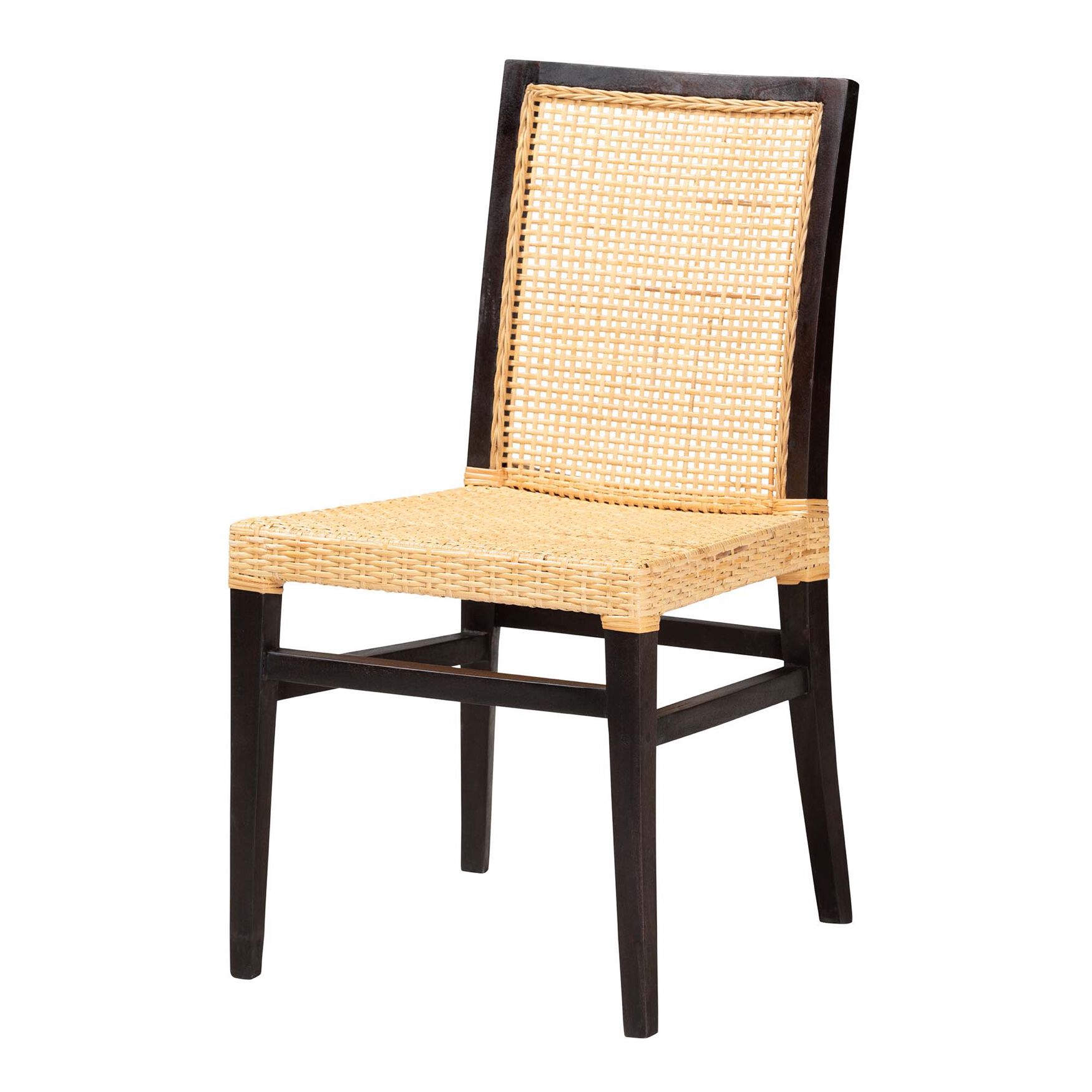 Lingga Modern Bohemian Dark Brown Mahogany Wood And Natural Rattan Dining Chair, DARK BROWN, hi-res image number 0
