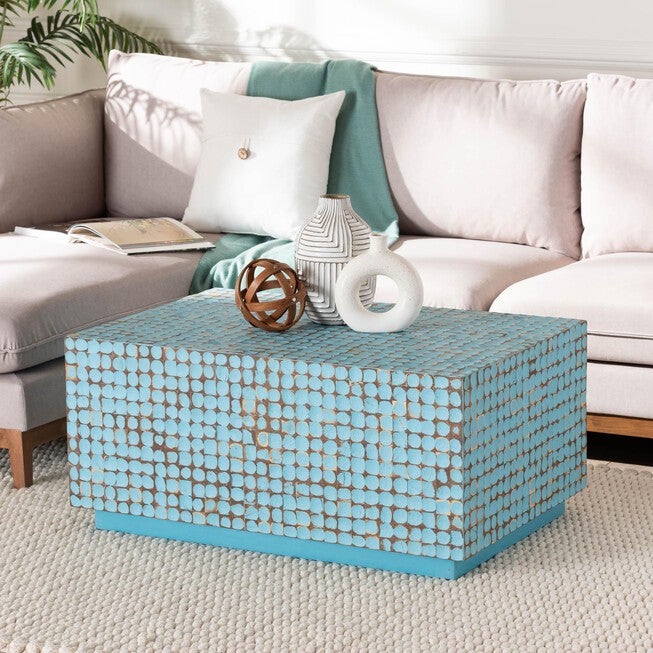 Nitza Bohemian Coconut Shell and Acacia Wood Coffee Table, BLUE, hi-res image number 0