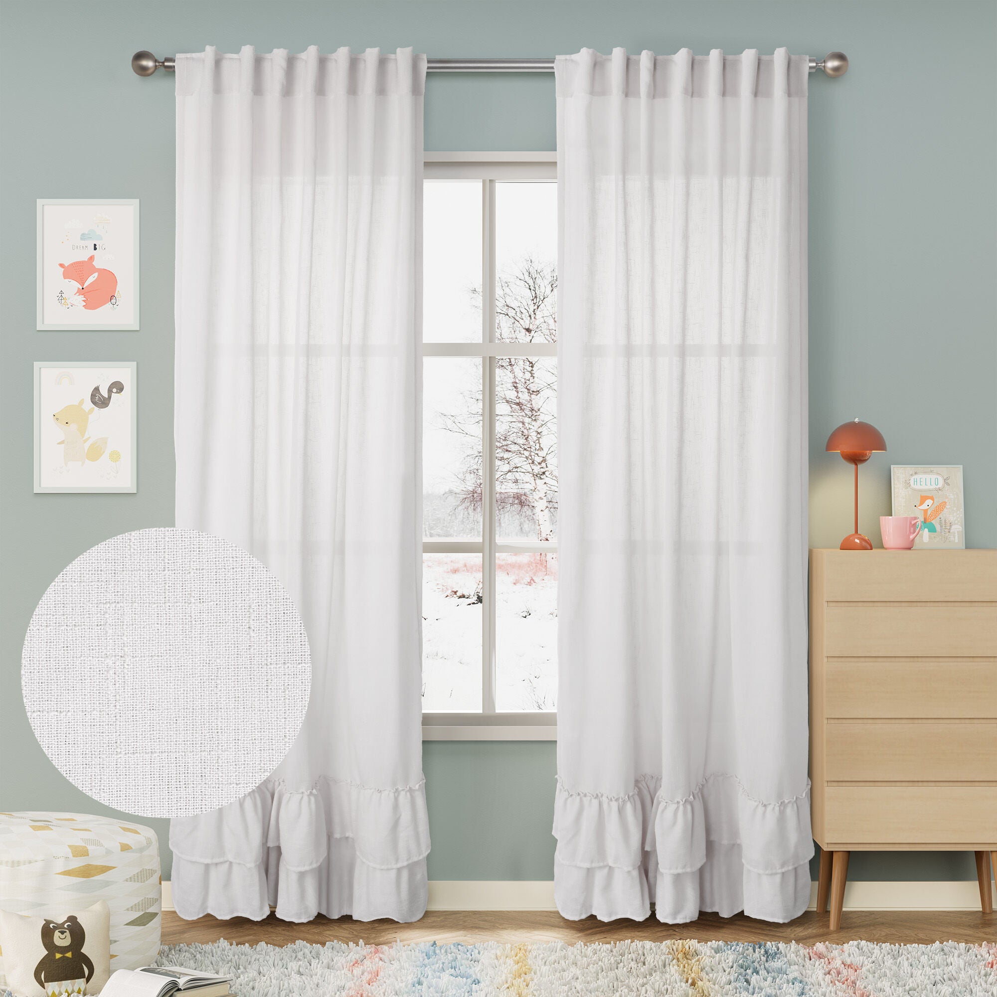 Linen Texture Double Ruffle Back Tab Curtain Pair, GREY, hi-res image number 0