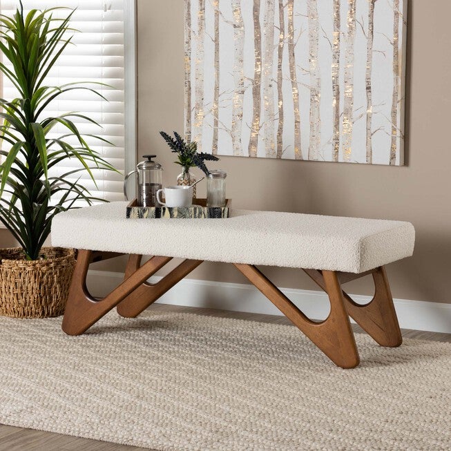 Rika Japandi Cream Boucle Fabric And Walnut Brown Finished Wood Bench, , alternate image number 4