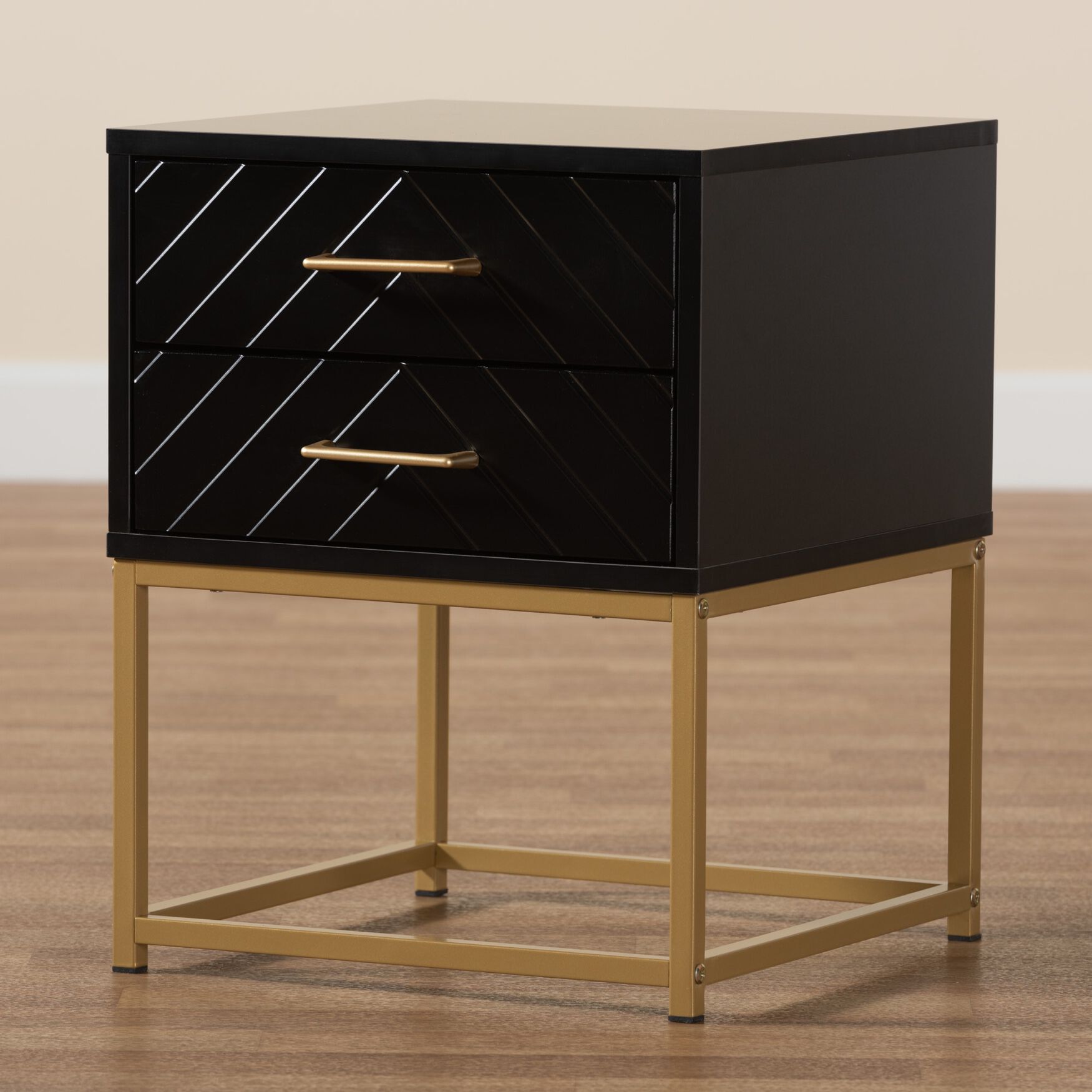 Inaya Contemporary Glam And Luxe Black Finished Wood And Gold Metal 2-Drawer End Table, , alternate image number 8