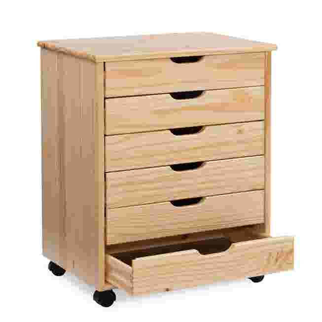 Light wood rolling storage cart with one drawer open.