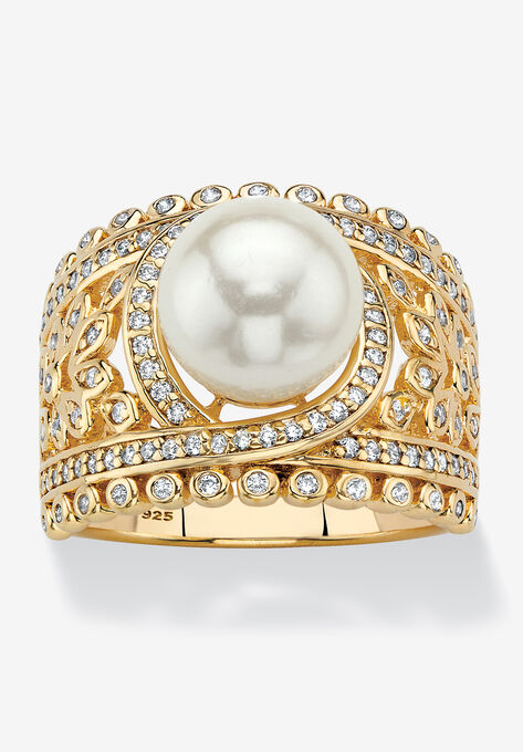 Gold over Sterling Silver Simulated Pearl and Cubic Zirconia Ring, GOLD, hi-res image number null