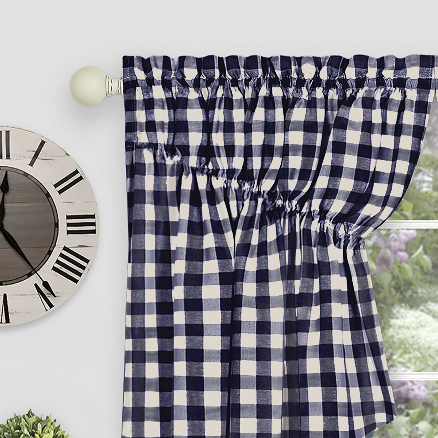 Buffalo Check Gathered Swag Window Curtain Pair, NAVY, alternate image number 2