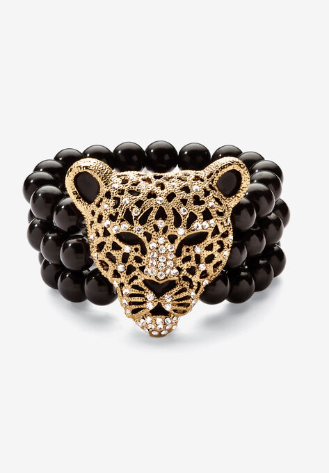 Goldtone Onyx Leopard Stretch Bracelet (42mm), Round Crystal, 8.5", GOLD, hi-res image number null