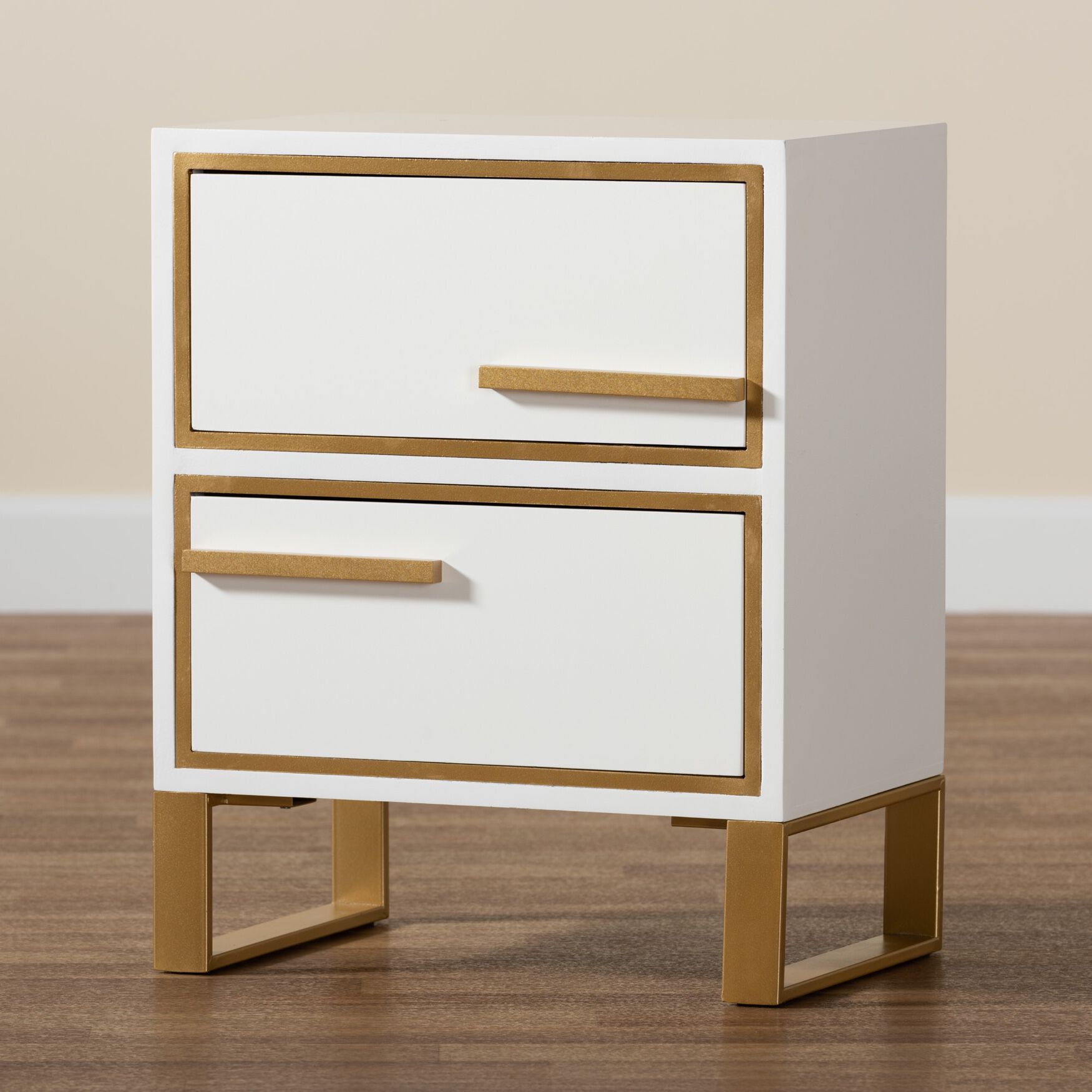 Giolla Contemporary Glam And Luxe White Finished Wood And Gold Metal 2-Drawer Nightstand, , alternate image number 8