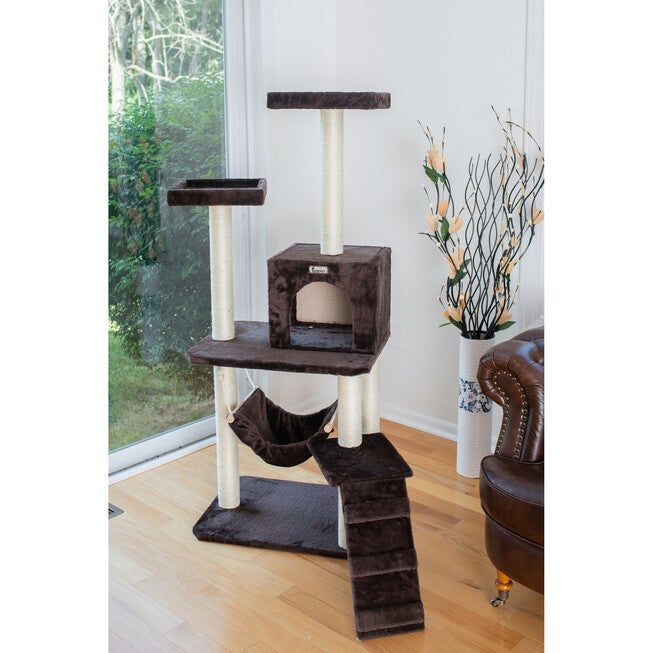 4 Level Gleepet Real Wood 57 inches Condo Cat Tree With Ramp, Hammock, , alternate image number null