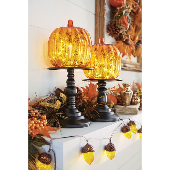 14½"H x 6"Diam Pre-Lit Glass Pumpkin on Stand, ORANGE, hi-res image number null