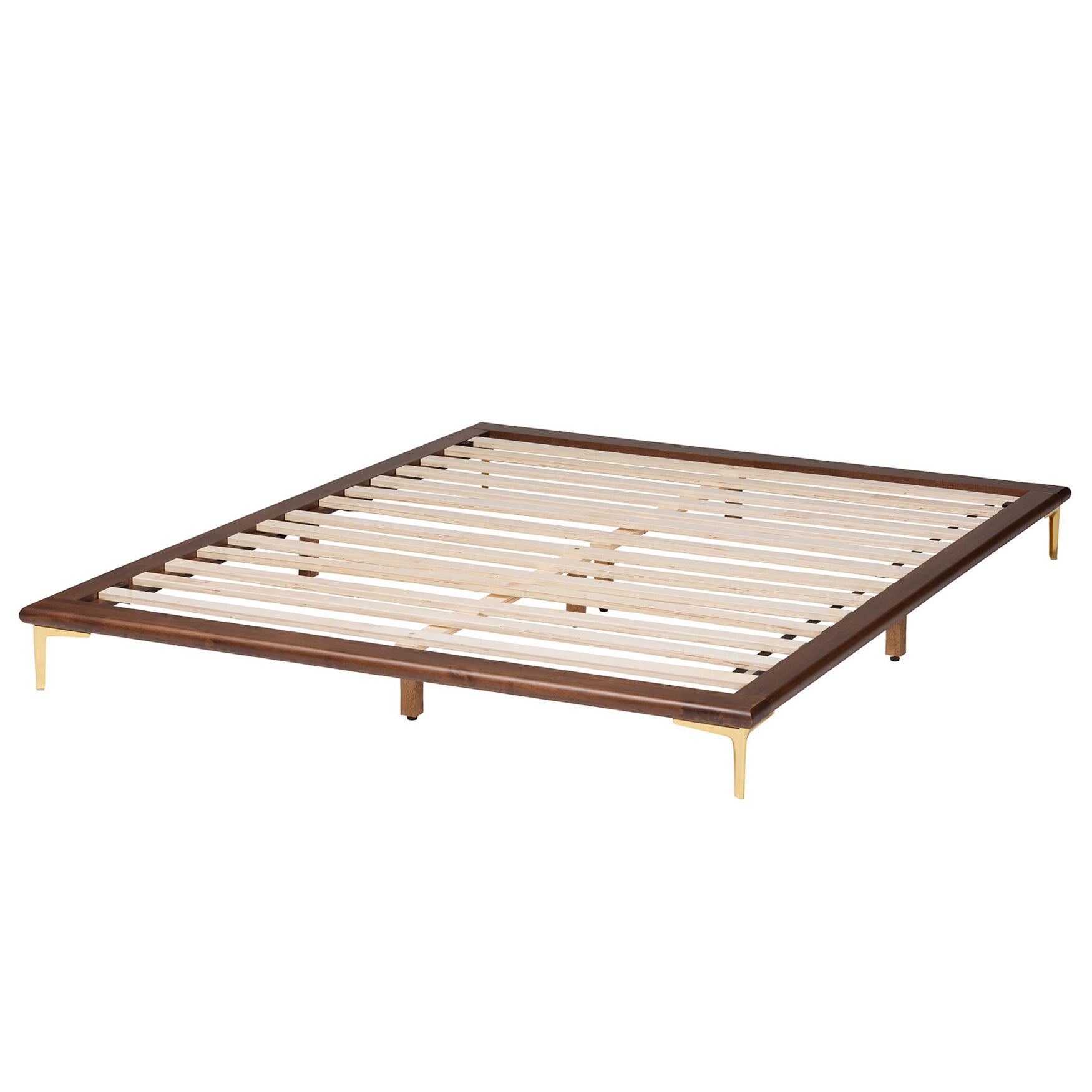 Channary Mid-Century Modern Transitional Walnut Brown Finished Wood And Gold Metal King Size Bed Frame, , alternate image number 2