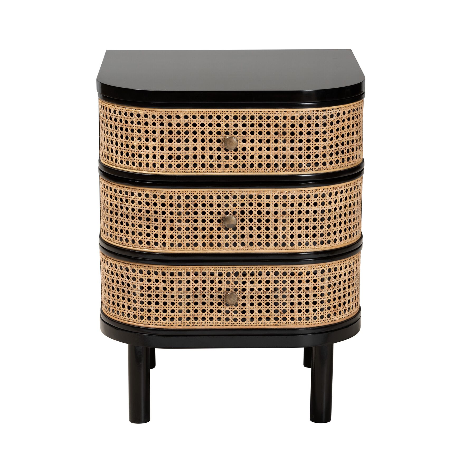 Nabila Modern Bohemian Black Bayur Wood And Natural Rattan 3-Drawer End Table Nightstand, , alternate image number 2