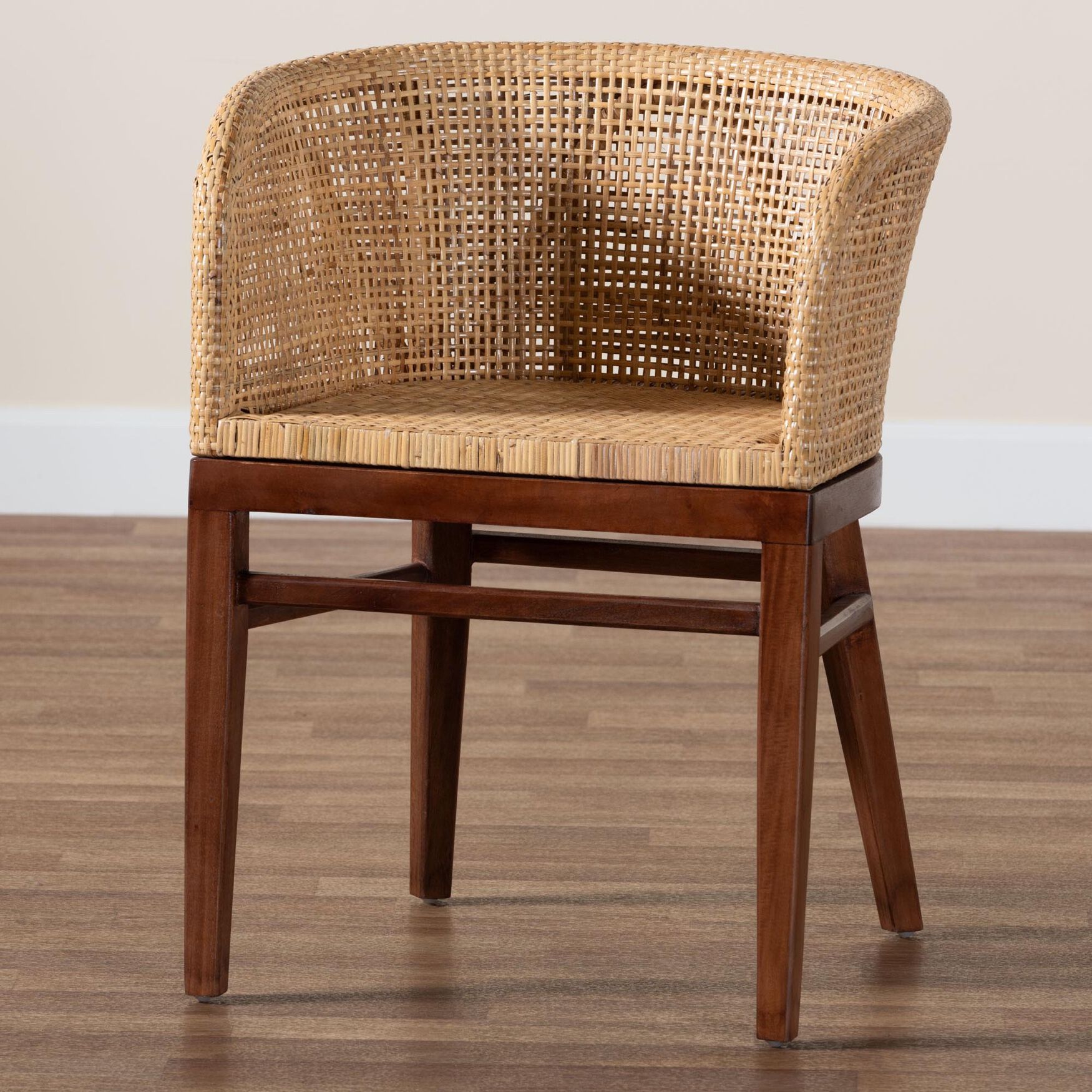 Papua Modern Bohemian Natural Rattan and Walnut Brown Acacia Wood Dining Chair, , alternate image number 14