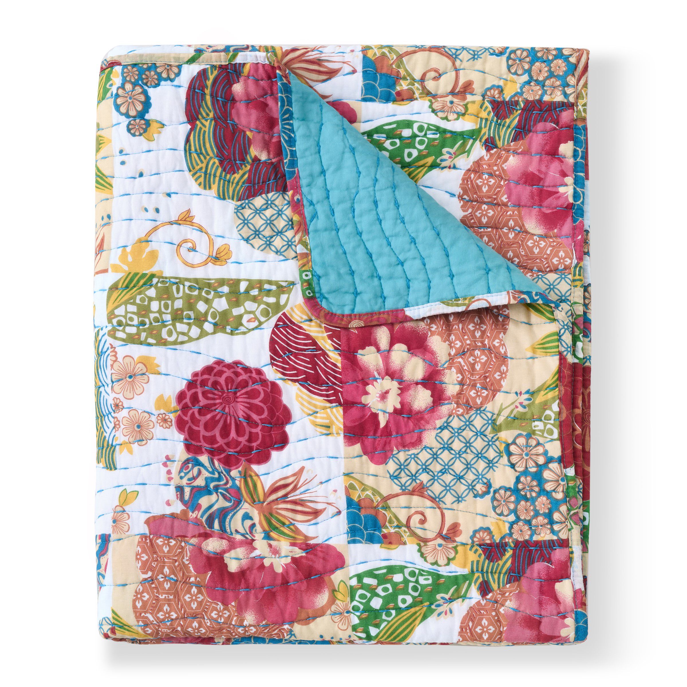 Jewel Floral Kantha Style Quilted Throw Blanket, White, WHITE, alternate image number 4
