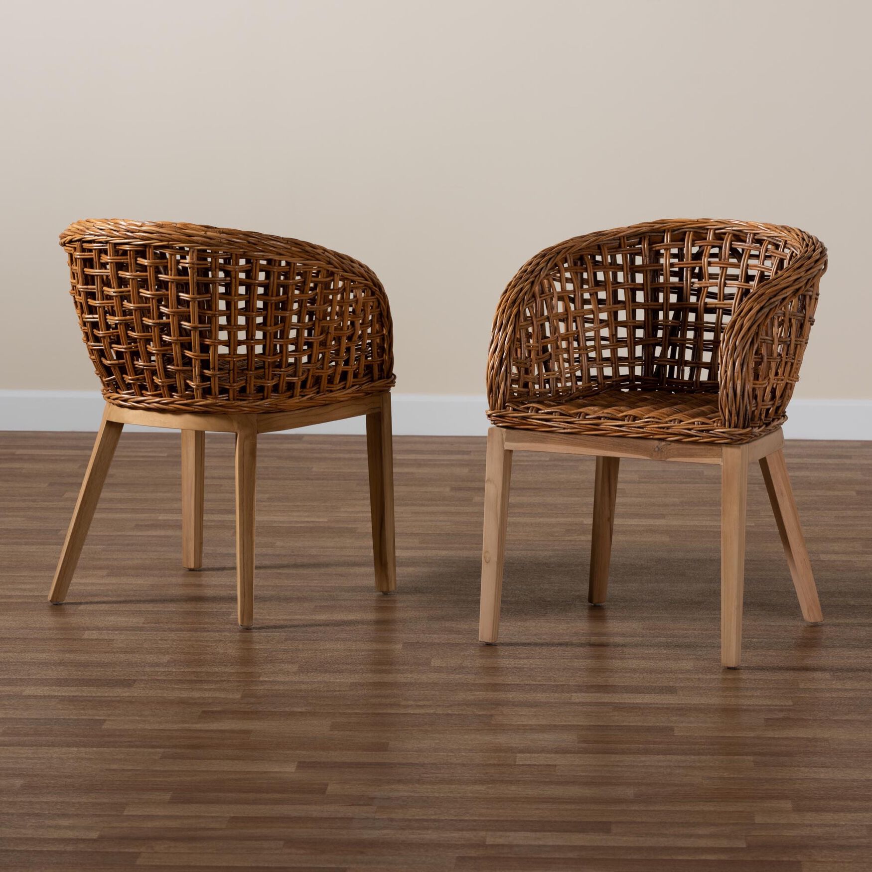 Mario Modern Bohemian Natural Brown Finished Teak Wood And Rattan 2-Piece Dining Chair Set, , alternate image number 7