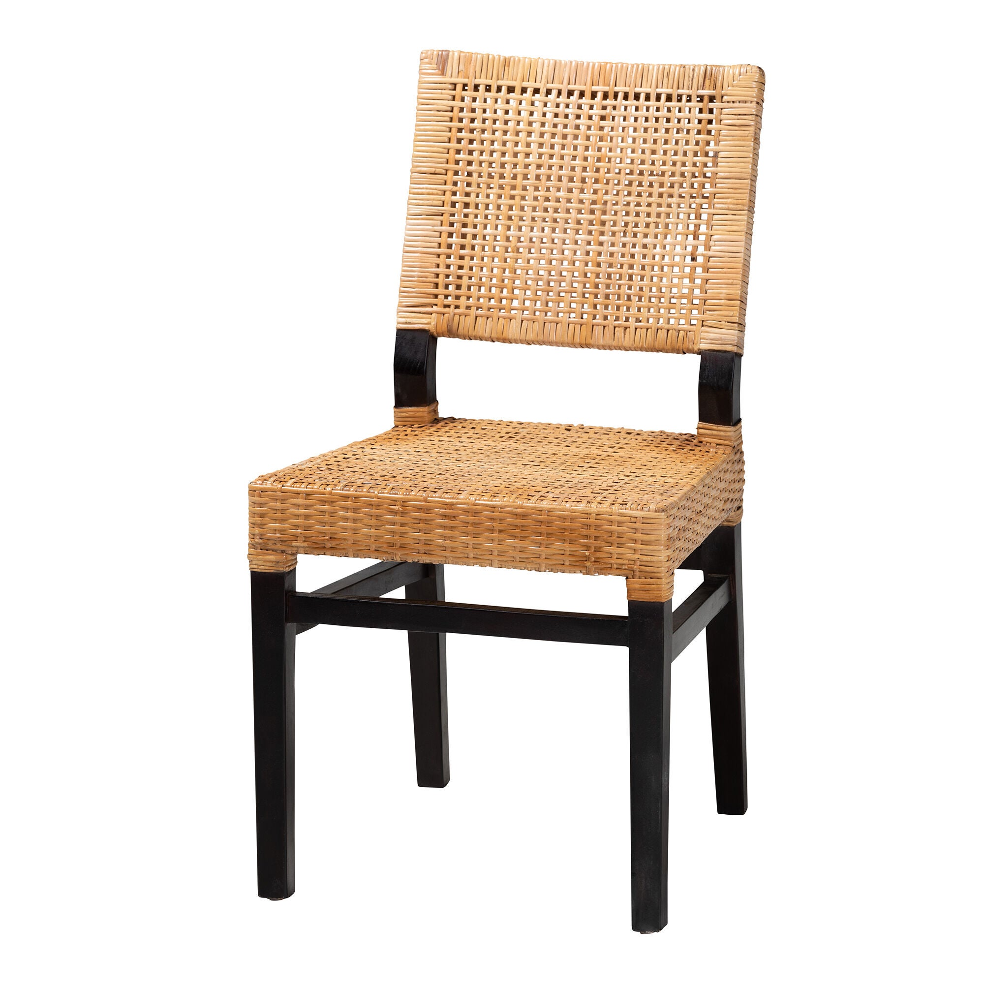 Lesia Modern Bohemian Natural Brown Rattan and Espresso Brown Mahogany Wood Dining Chair, BROWN, alternate image number 2