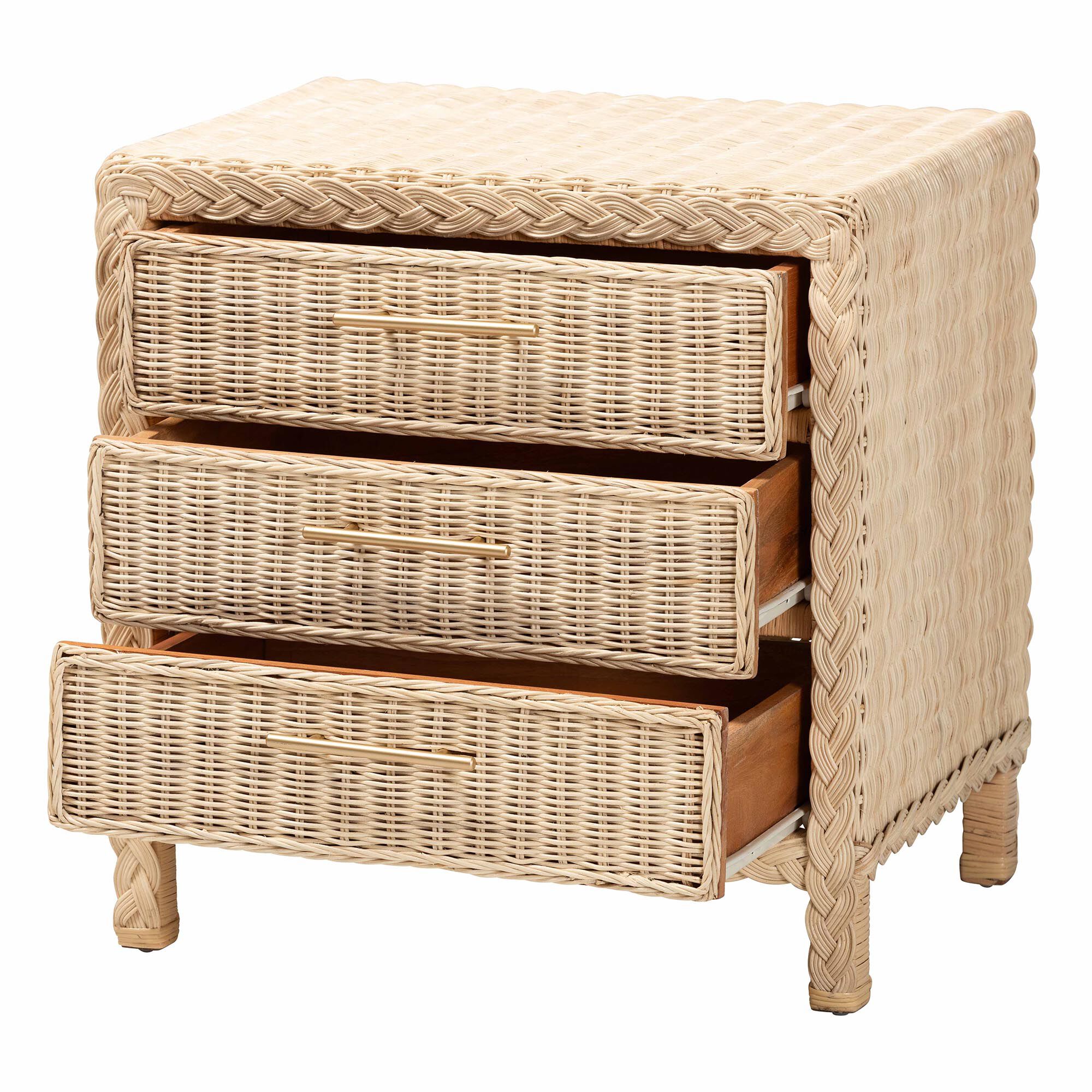 Lanica Japandi Sun Bleached Rattan 3-Drawer Nightstand, BROWN, alternate image number 2