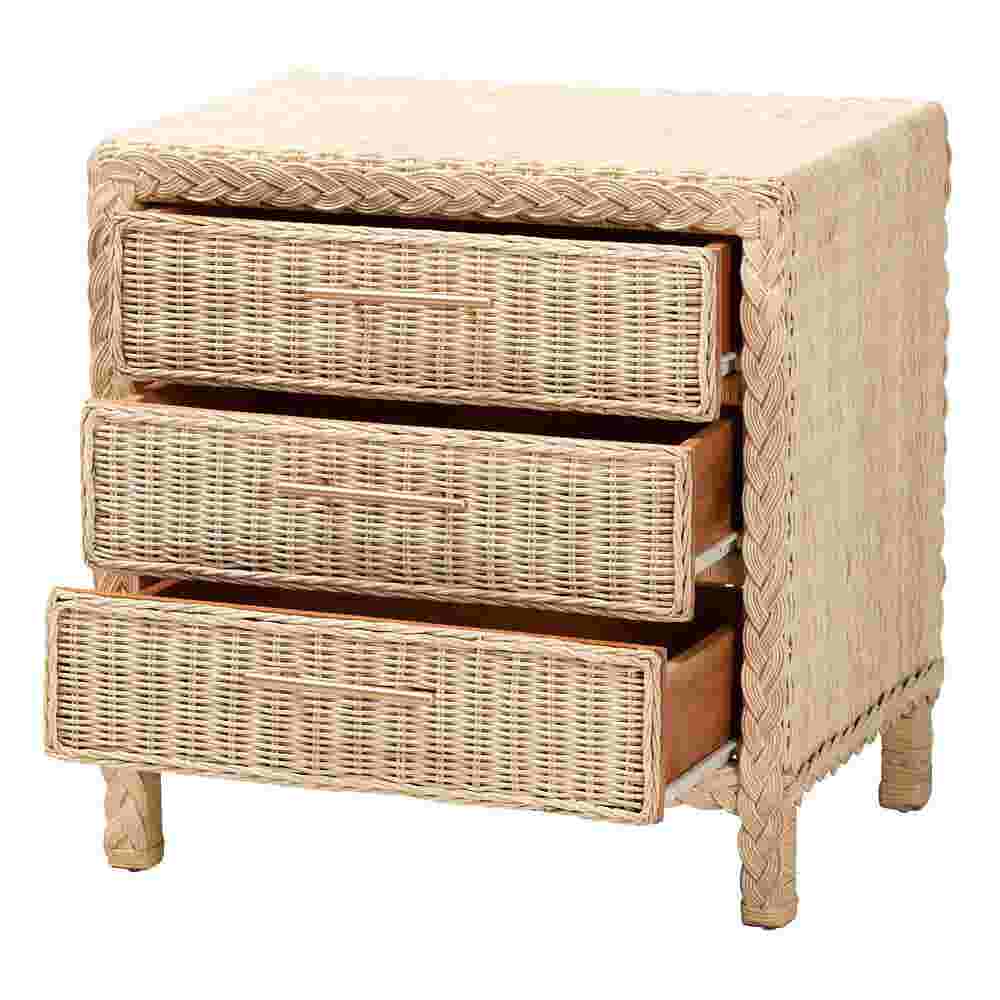 Sun-bleached rattan 3-drawer nightstand, three-quarter angle