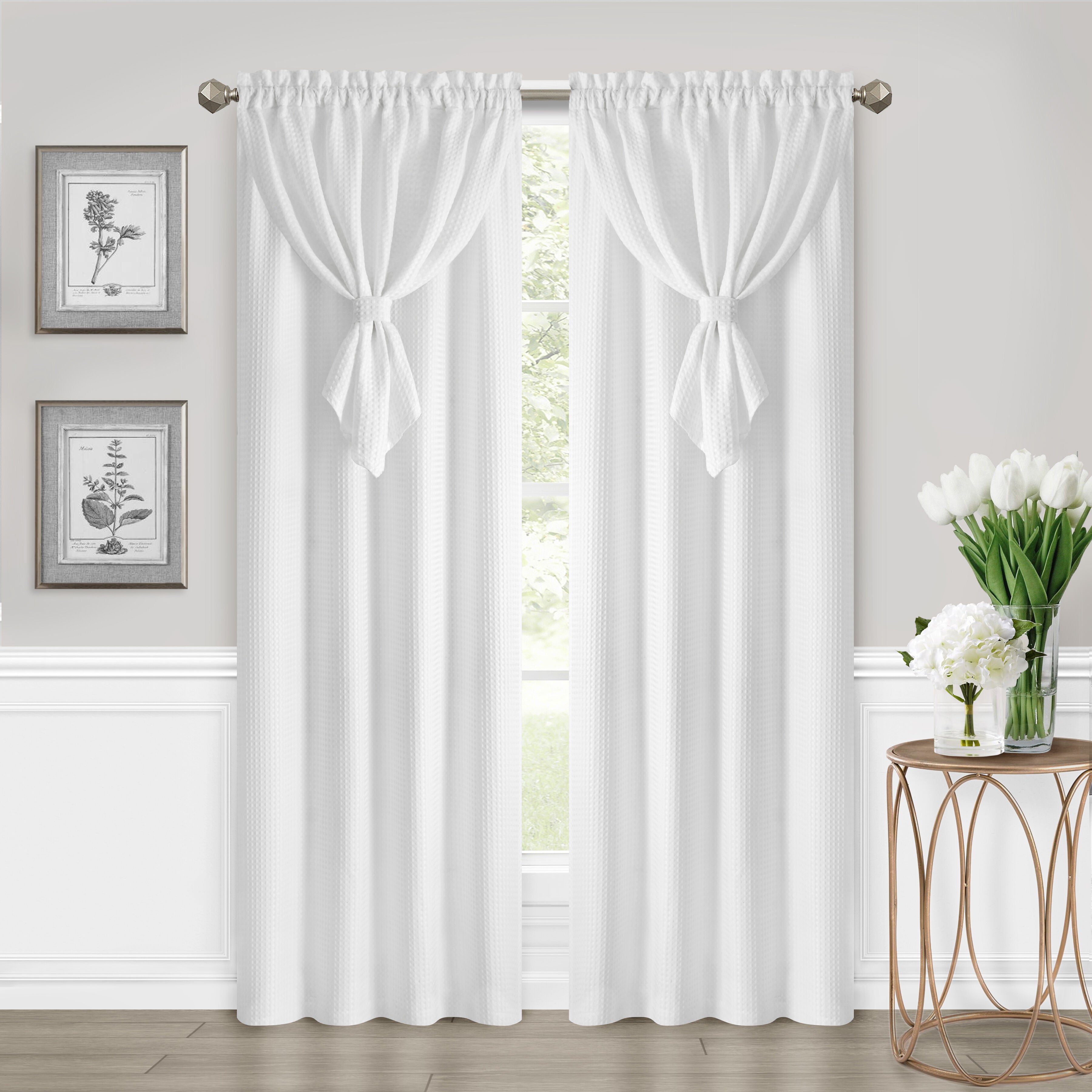 Allegra Waffle Texture Window Curtain Panel with Attached Valance, WHITE, hi-res image number 0