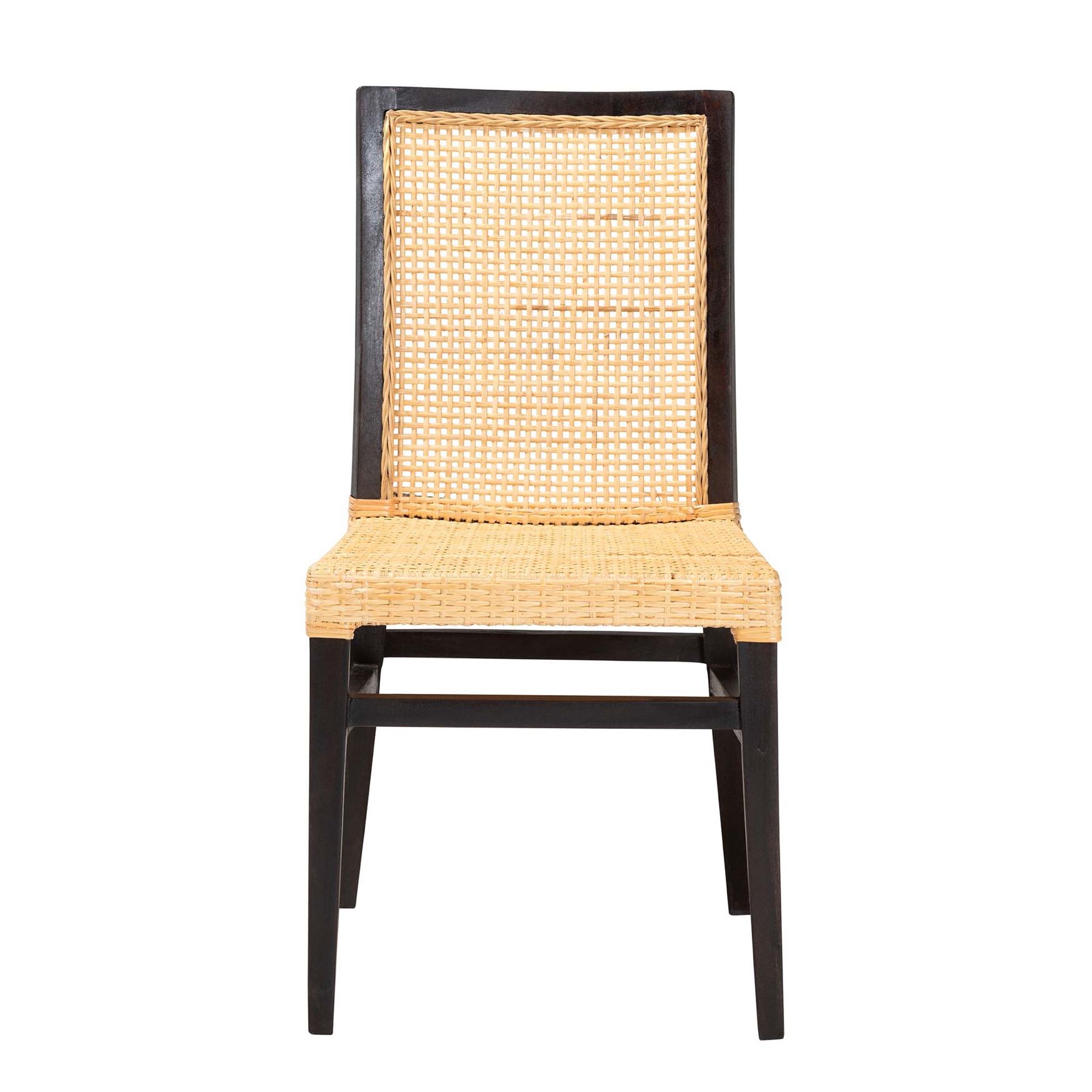 Lingga Modern Bohemian Dark Brown Mahogany Wood And Natural Rattan Dining Chair, , on-hover image number 1