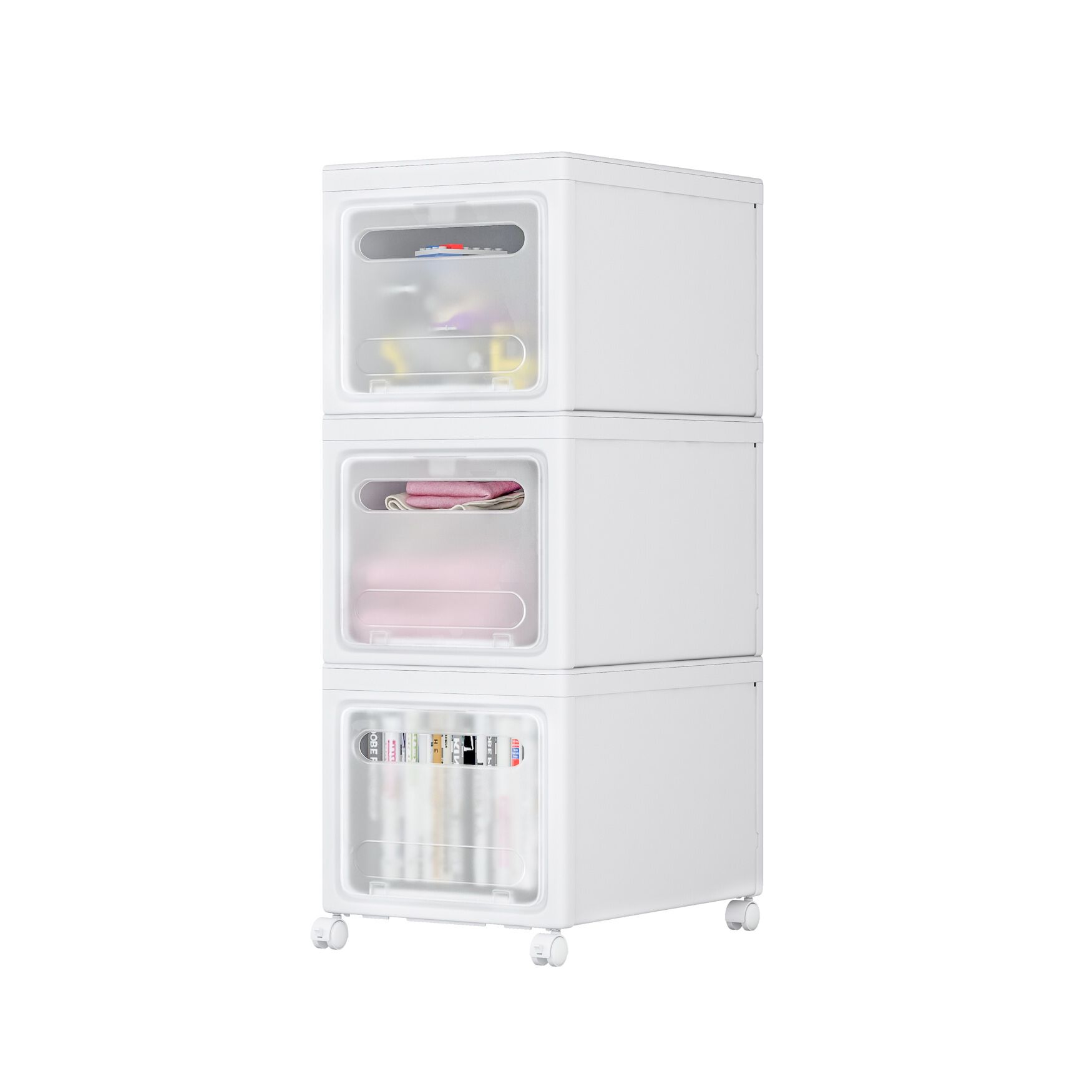 Stackable Storage Bin W/ Lids & Wheels, WHITE, hi-res image number 0