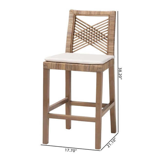 Poltak Modern Bohemian Grey Natural Kubu Rattan And Mahogany Wood Counter Stool, , alternate image number null