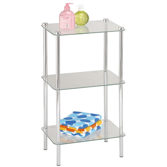 Home Basics 3 Tier Multi Use Rectangle Glass Corner Shelf Clear, CHROME, hi-res image number null