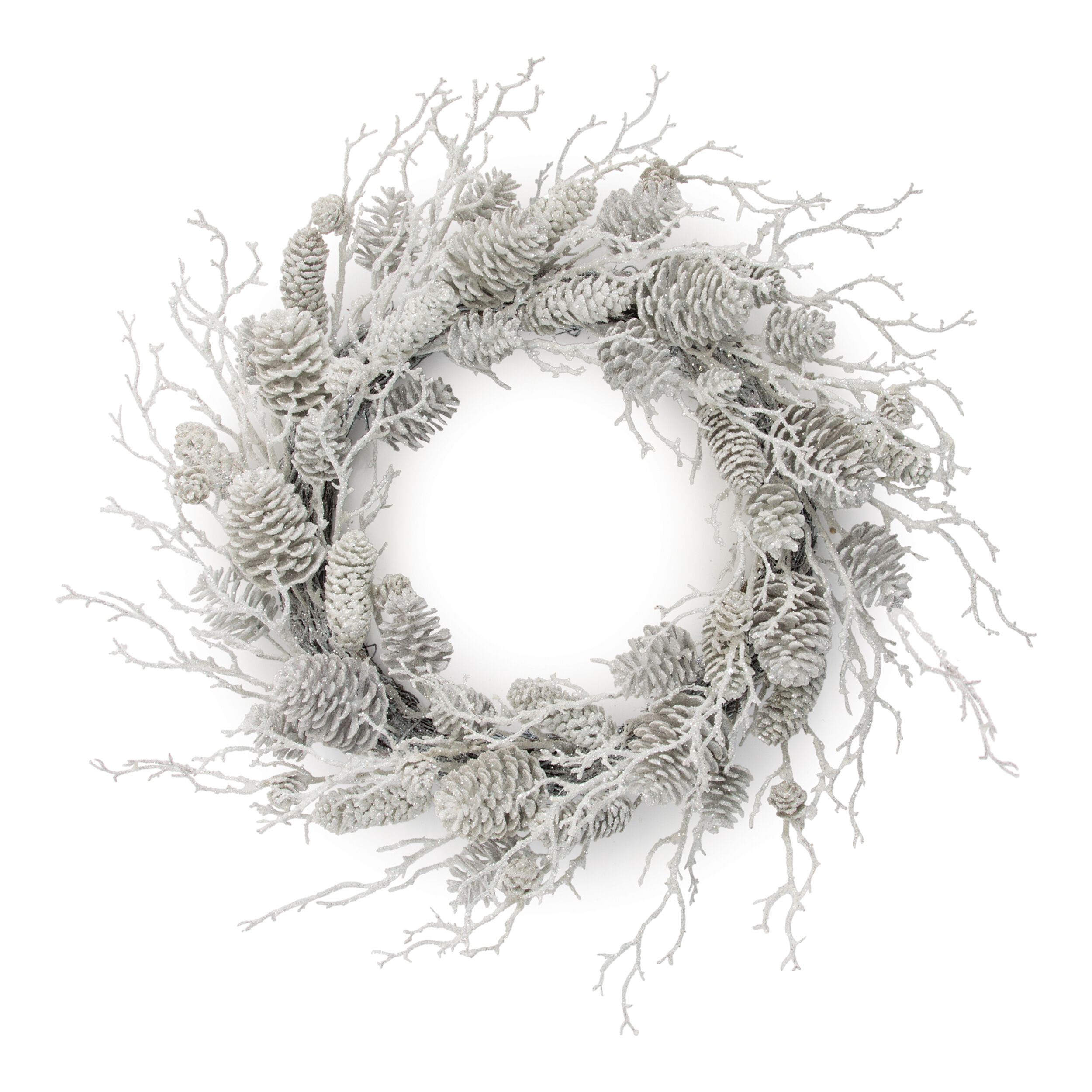 Flocked Pine Cone and Twig Wreath 24 inchesD, WHITE BROWN, hi-res image number 0