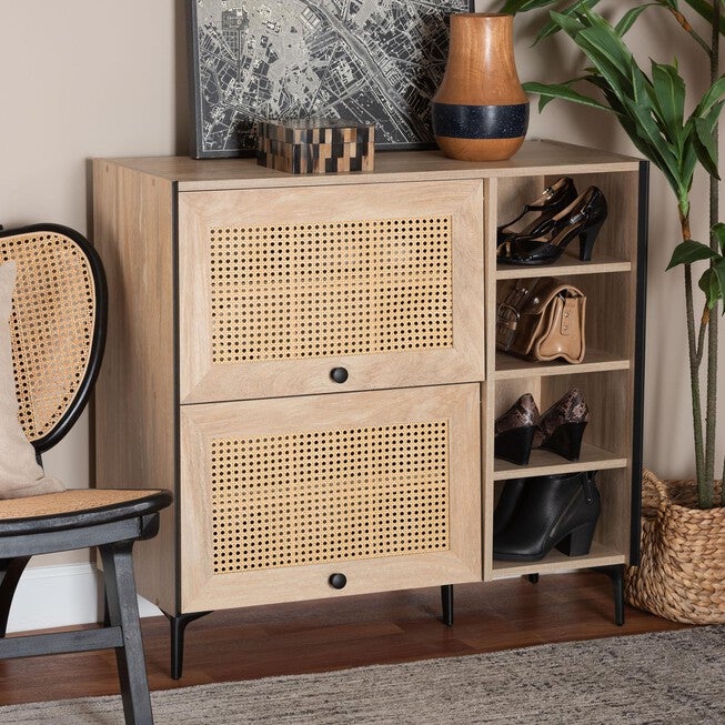 Malcolm Mid-Century Modern Oak Brown Wood Shoe Cabinet with Flipper Doors, OAK, hi-res image number 0