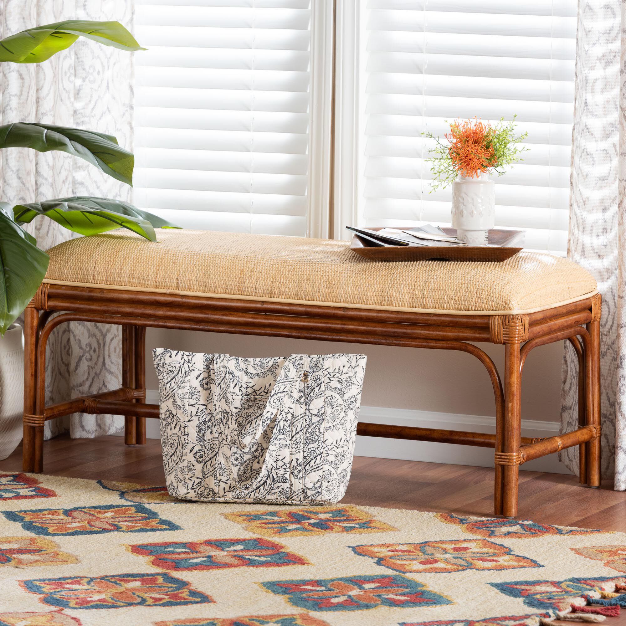 Belen Marbled Tortoise Natural Rattan Bench, BROWN, hi-res image number 0