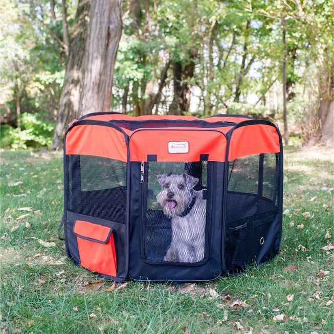 Portable Pet Dog Kitten Playpen In Black And Red Combo, , on-hover image number 1