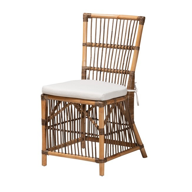 Kim Modern Bohemian White Fabric And Natural Brown Rattan Dining Chair, WHITE NATURAL BROWN, hi-res image number null