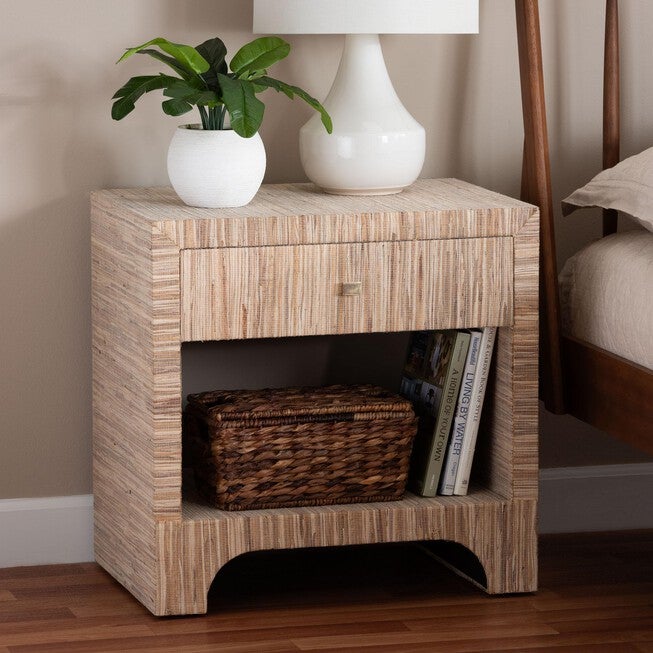 Julia Bohemian Woven Natural Grasscloth 1-Drawer Nightstand, NATURAL/GOLD, hi-res image number null
