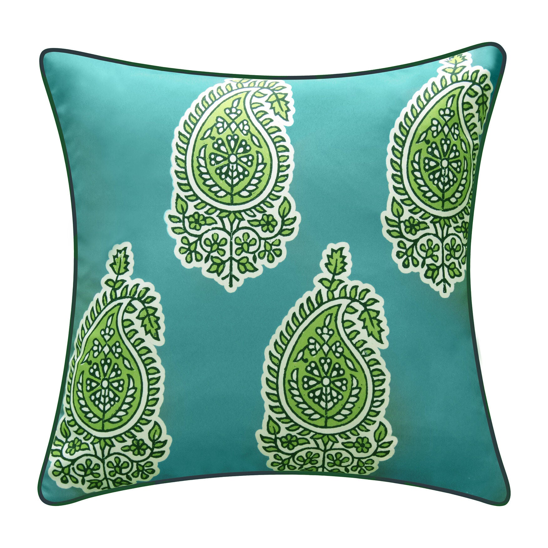 Indoor/Outdoor Reversible Jaipur Print Decorative Throw Pillow 18X18, Turq/Leaf, TURQUOISE LEAF, hi-res image number 0