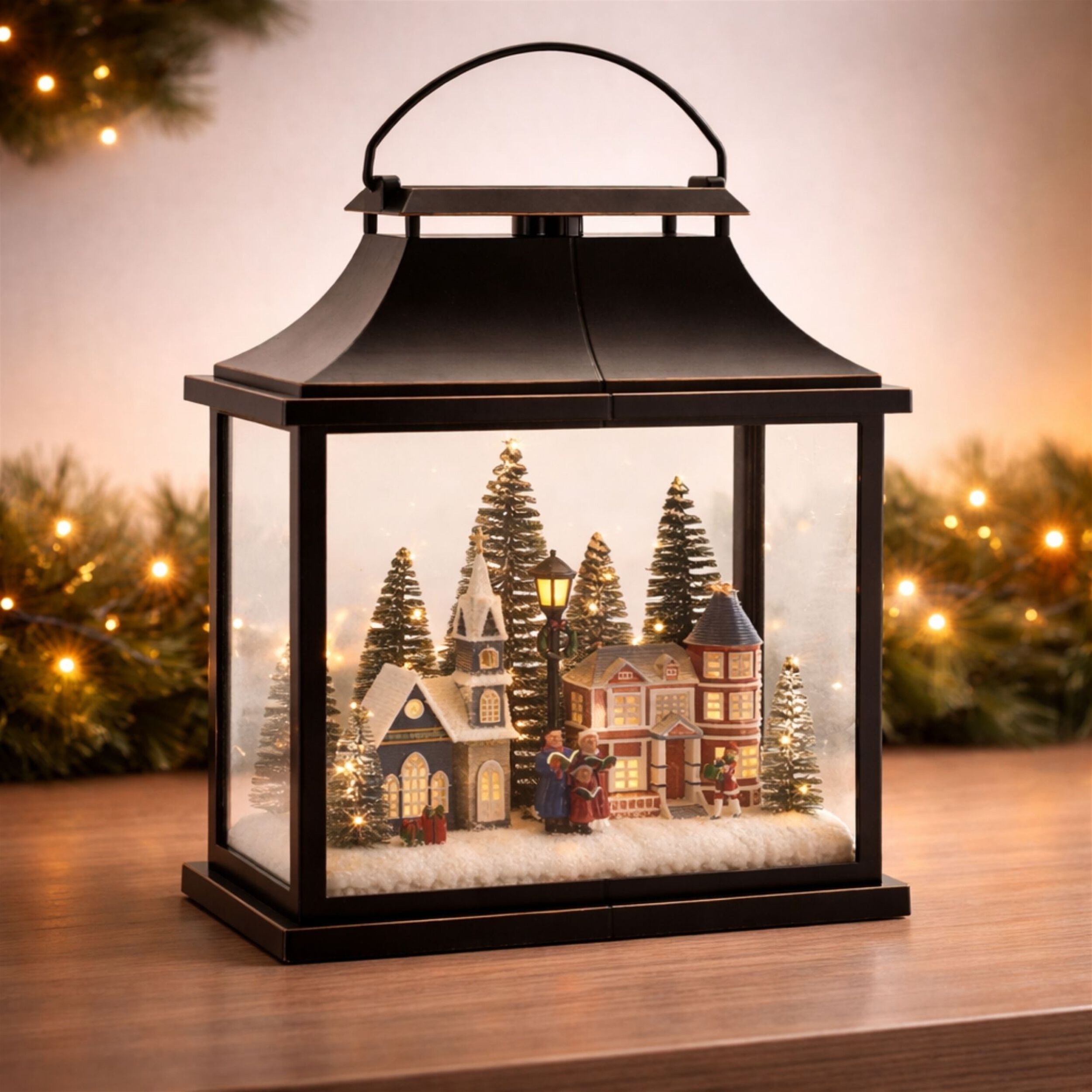 LED Lantern Scene with Village and Carolers 16 inchesH, BLACK GOLD RED, alternate image number 1