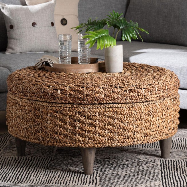 Bailey Handwoven Seagrass Storage Ottoman, Round, NATURAL BROWN, hi-res image number null