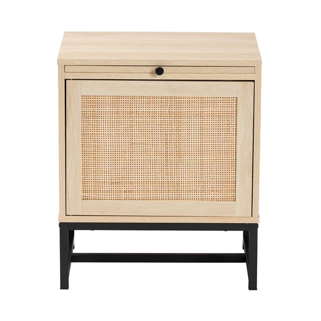 Caterina Mid-Century Modern Transitional Natural Brown Finished Wood And Natural Rattan 1-Door Nightstand With Pull-Out Shelf, , alternate image number null