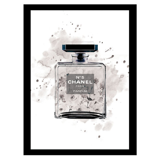 Chanel Bottle Watercolor Roses - Grey / Black - 14x18 Framed Print, GREY BLACK, hi-res image number null