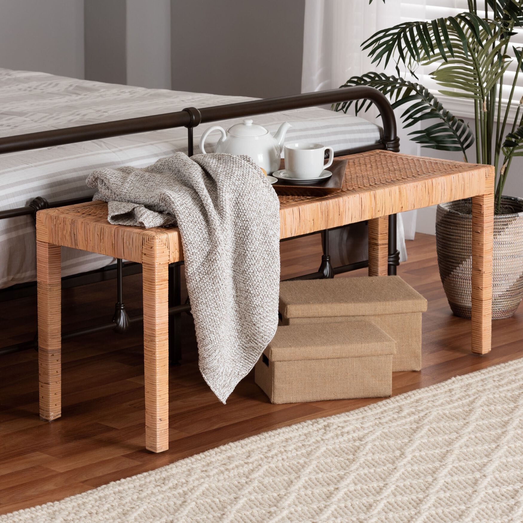 Abelia Modern Bohemian Natural Rattan And Mahogany Wood Long Accent Bench, , alternate image number 5