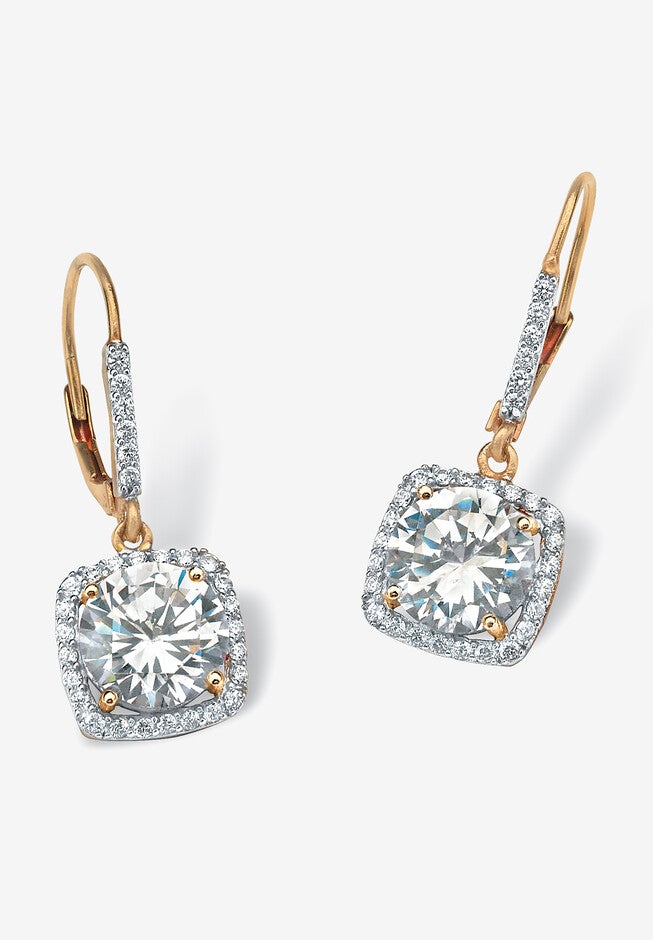 Yellow Gold over Sterling Silver Halo Drop Earrings Cubic Zirconia, GOLD, hi-res image number 0