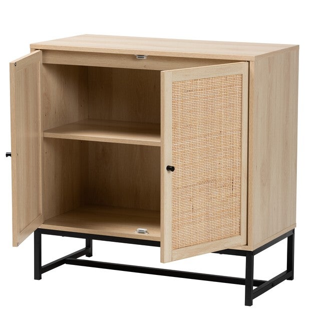 Caterina Mid-Century Modern Transitional Natural Brown Finished Wood And Natural Rattan 2-Door Storage Cabinet, , on-hover image number 1
