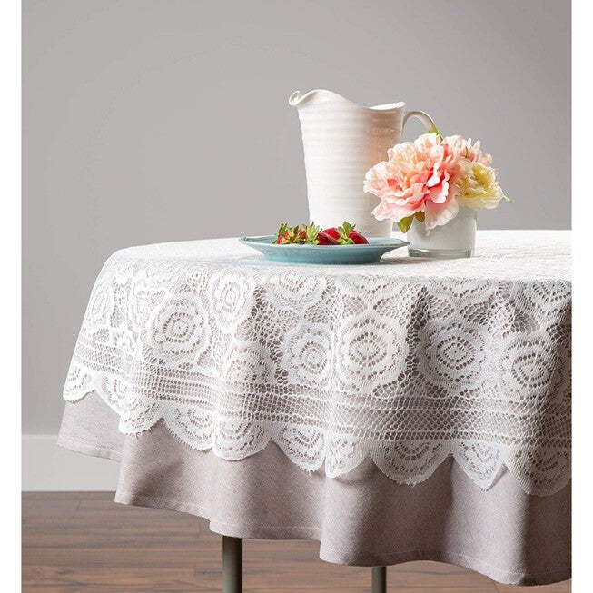 White Floral Polyester Lace Round Tablecloth, , alternate image number null