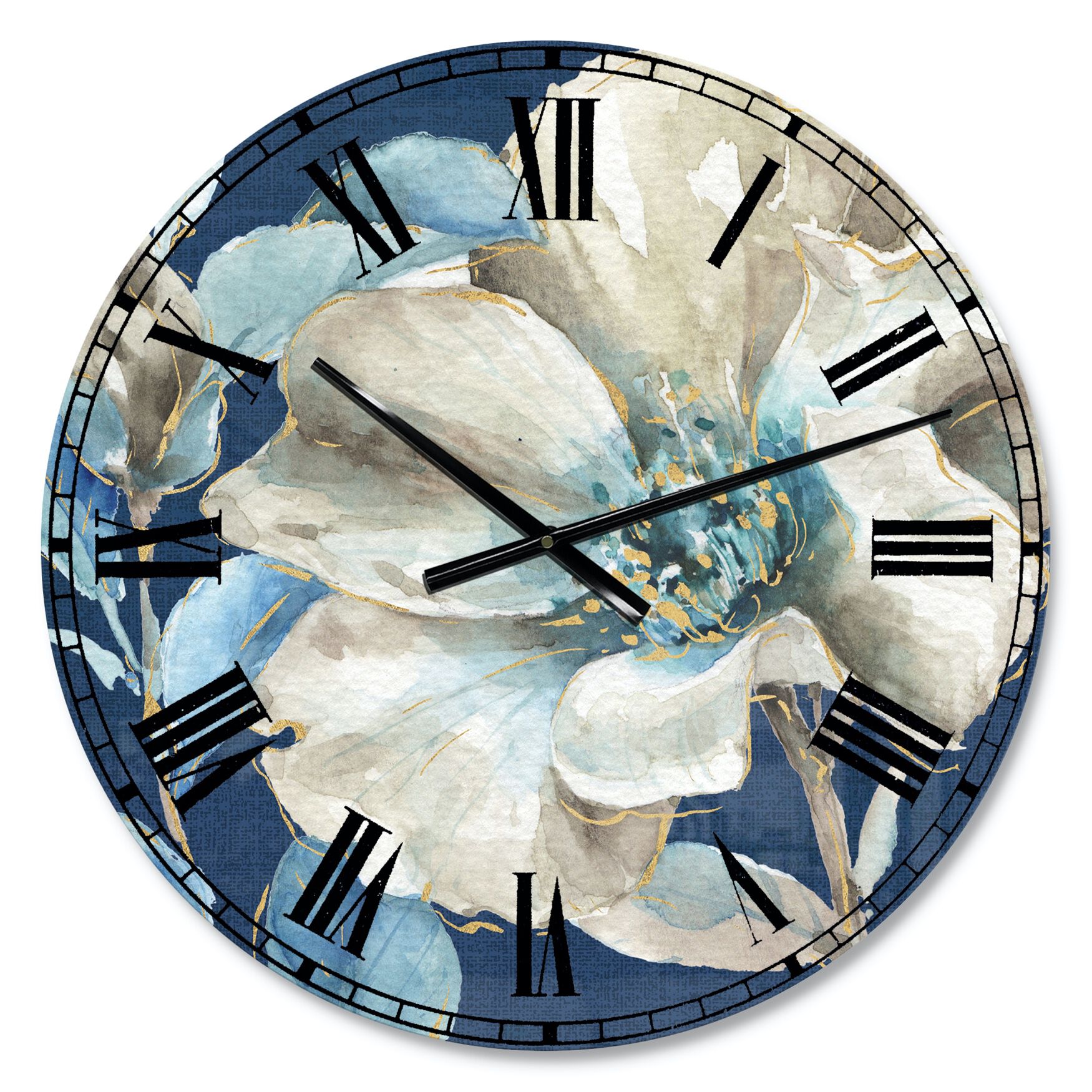 Indigold Watercolor Flower I Traditional Wall Clock, BLUE, hi-res image number 0