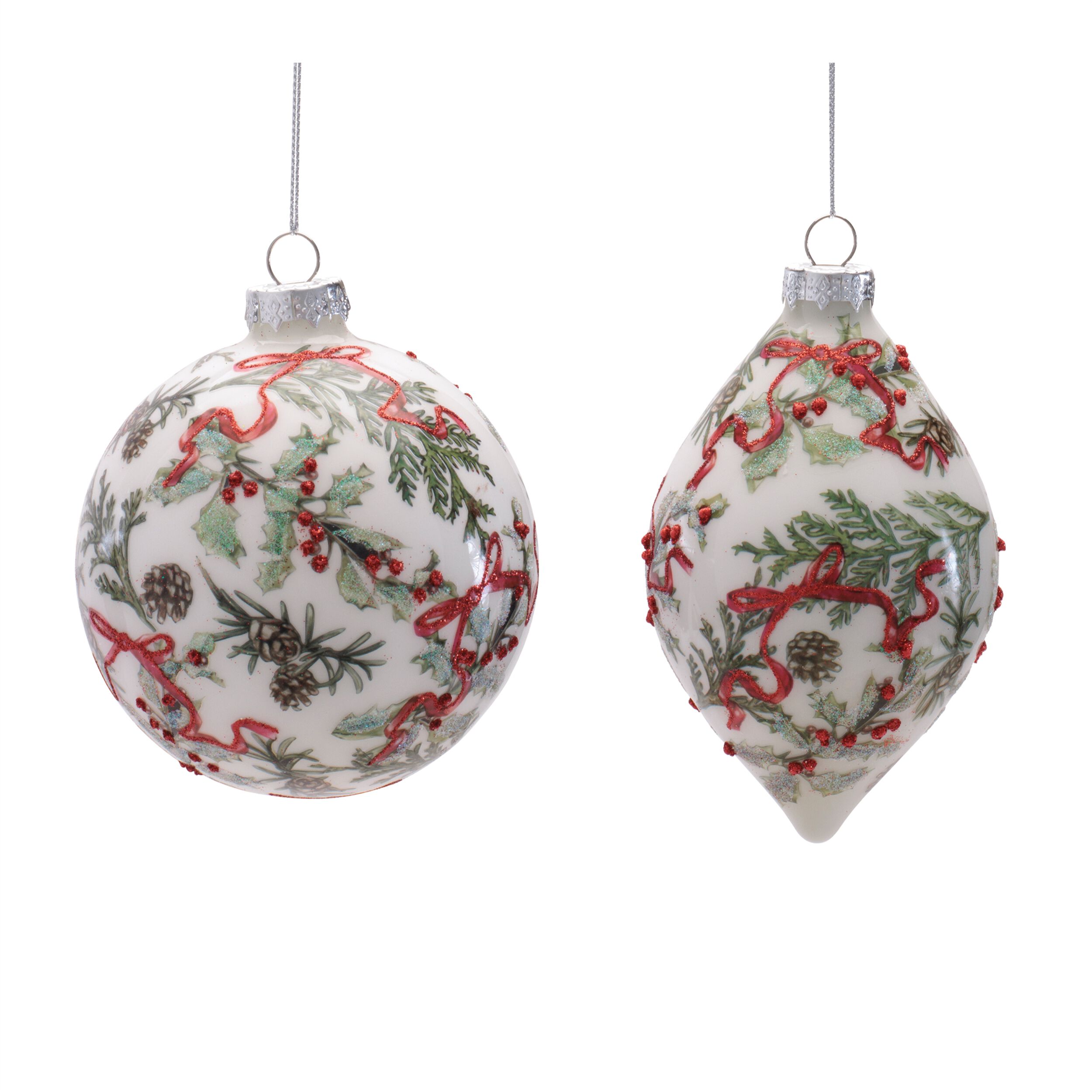 Holiday Botanical Glass Ornament (Set of 6), WHITE GREEN RED, hi-res image number 0