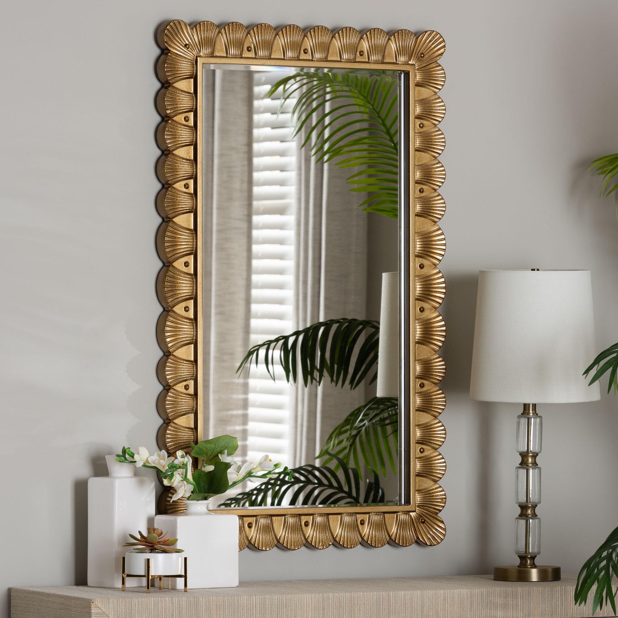 Vadim Antique Gold Wood Accent Mirror with Seashell Border, GOLDEN, hi-res image number 0