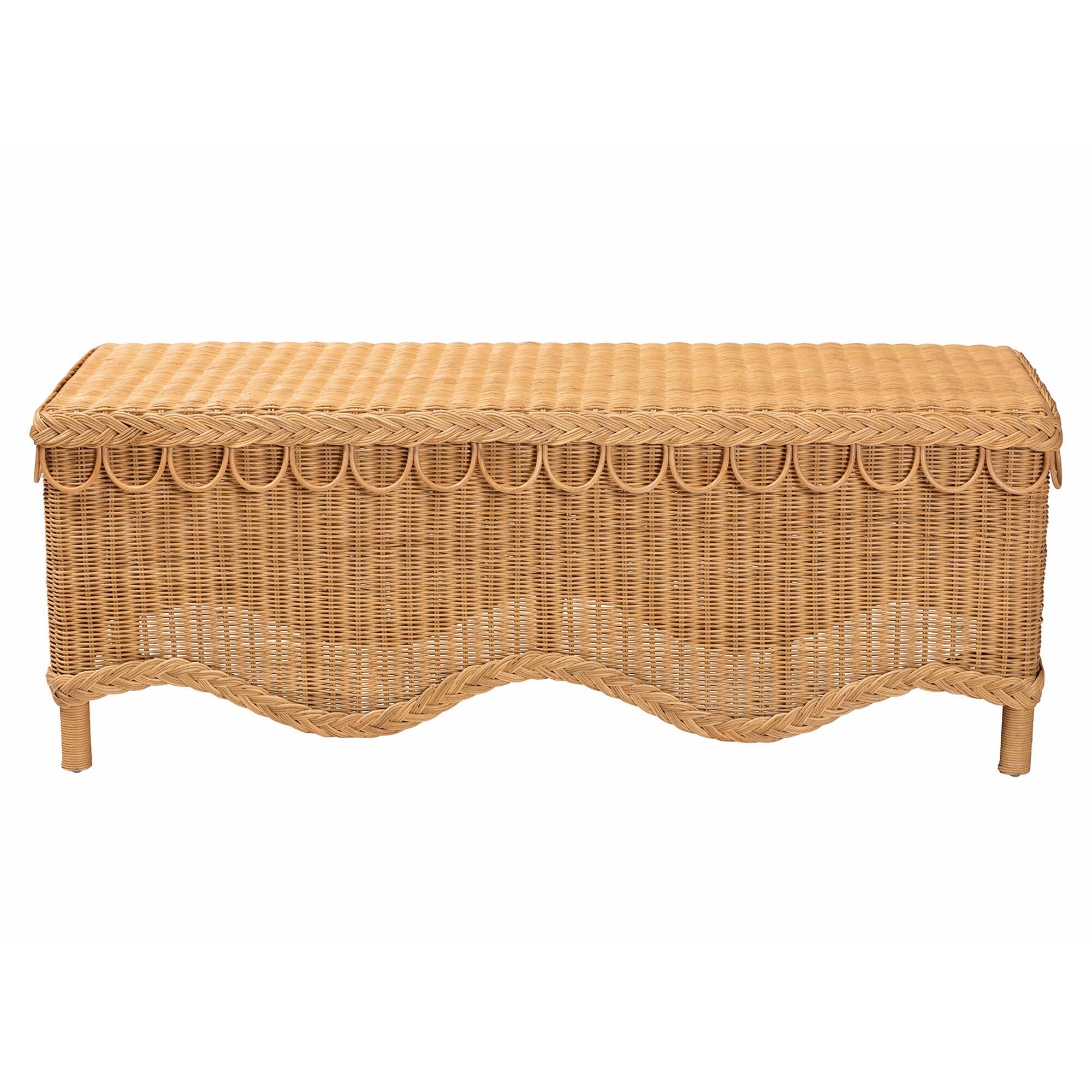 Erla Bohemian Light Honey Rattan Accent Bench with Scallop border, LIGHT, alternate image number 2