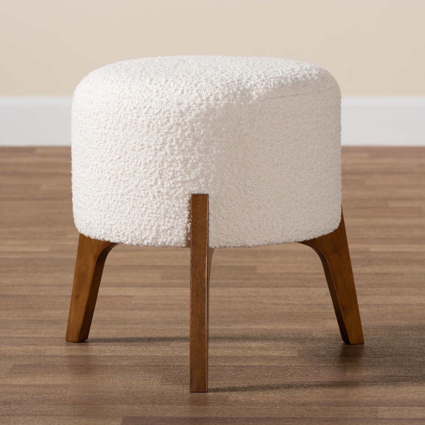 Elkie Japandi Cream Boucle Fabric And Walnut Brown Finished Wood Ottoman Footstool, , alternate image number 5