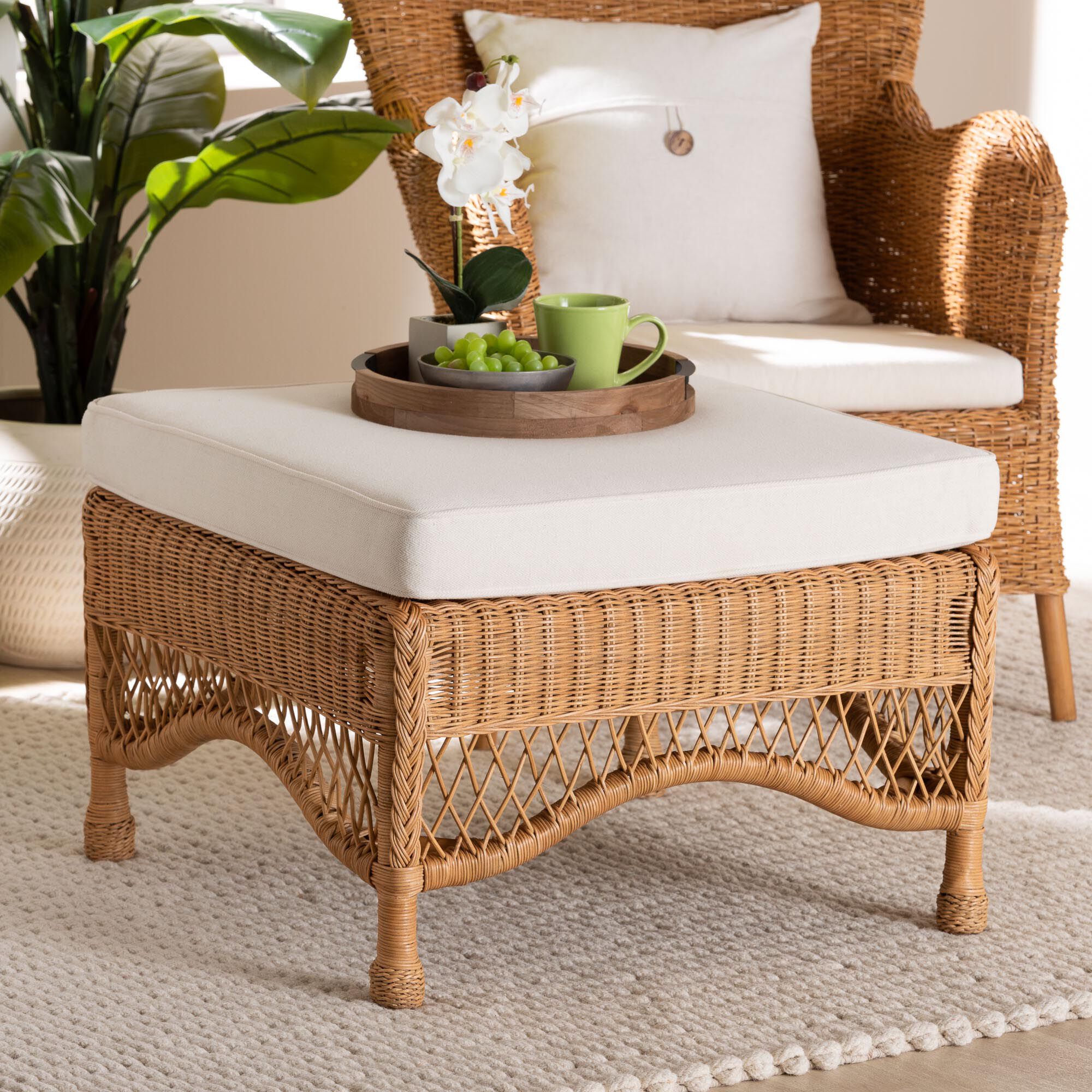 Brooklyn Bohemian Light Honey Braided Rattan Ottoman Stool, LIGHT, hi-res image number 0