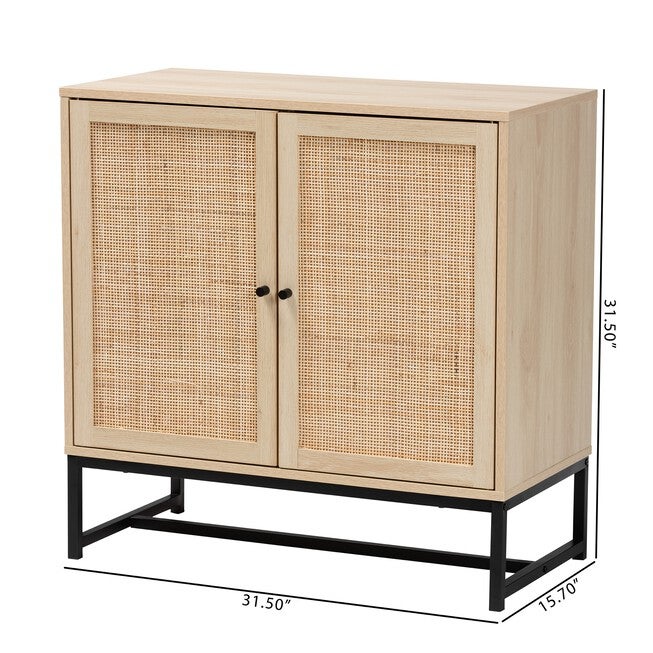 Caterina Mid-Century Modern Transitional Natural Brown Finished Wood And Natural Rattan 2-Door Storage Cabinet, , alternate image number 9